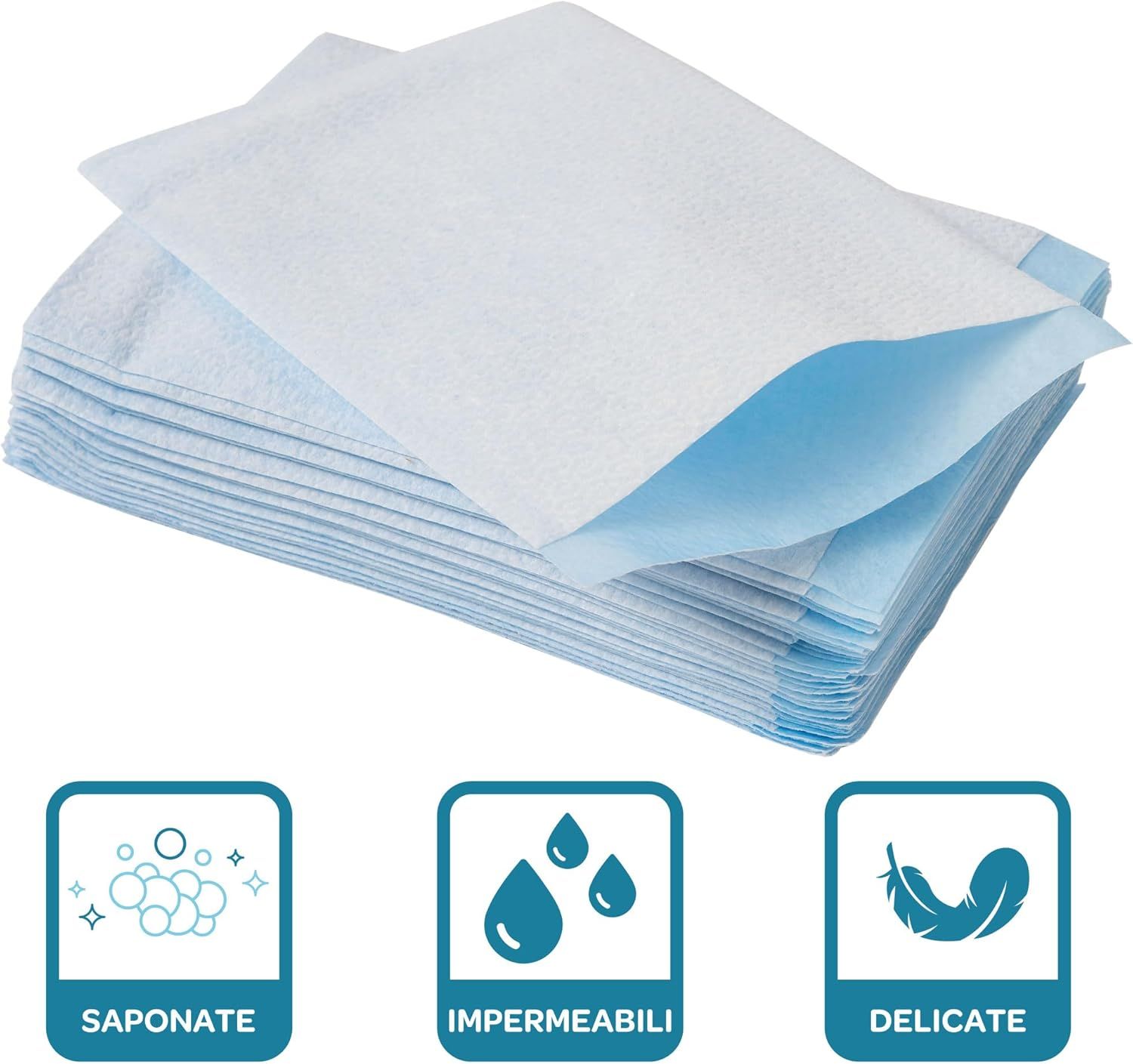 Stapel blauer Waschhandschuhe. Symbole: Seife, wasserdicht, sanft.
