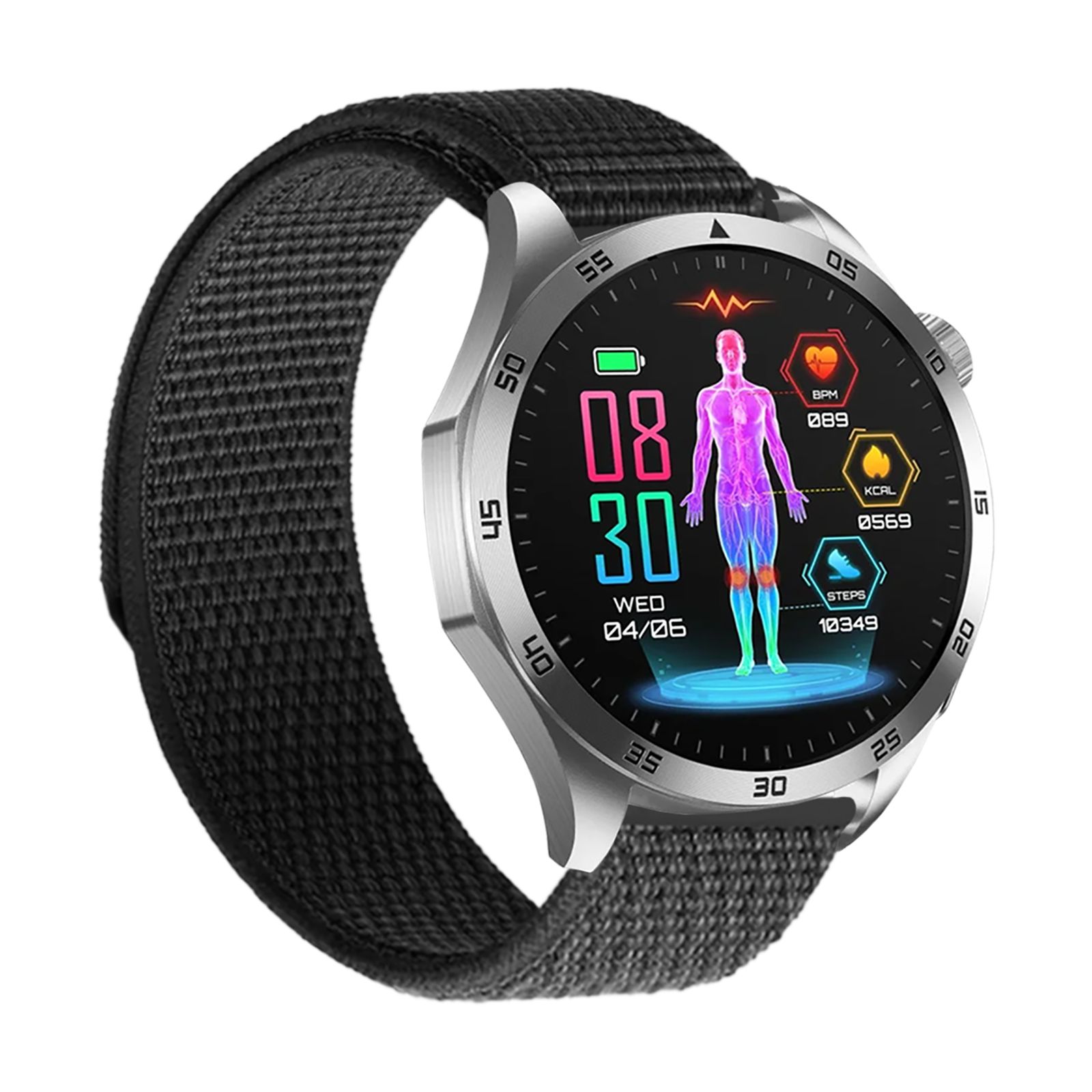 Smartwatch mit silbernem Gehäuse und schwarzem Textilarmband. Zeigt Vitaldaten wie EKG, Herzfrequenz und Schritte an.