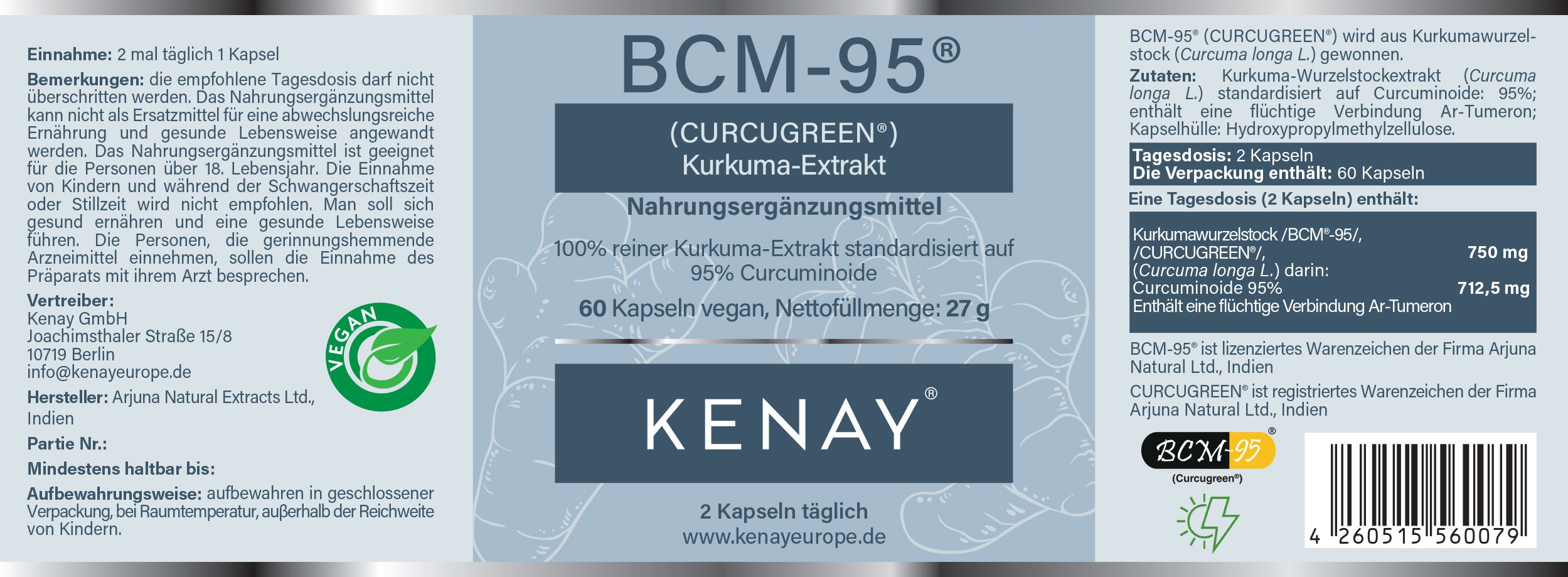 Etikett mit Text: BCM-95® (Curcugreen) Kurkuma-Extrakt. Marke: KENAY. 60 Kapseln, vegan. Informationen zu Inhaltsstoffen und Dosierung.