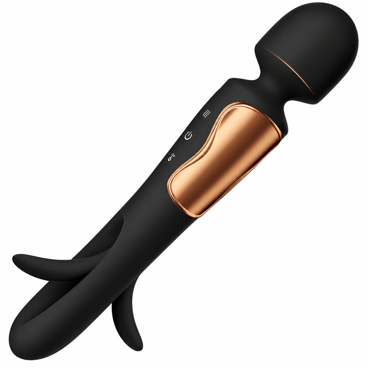 Schwarzer Vibrator mit kupferfarbenen Akzenten, der in der Hand einer Person gehalten wird, die ein Smartphone bedient.