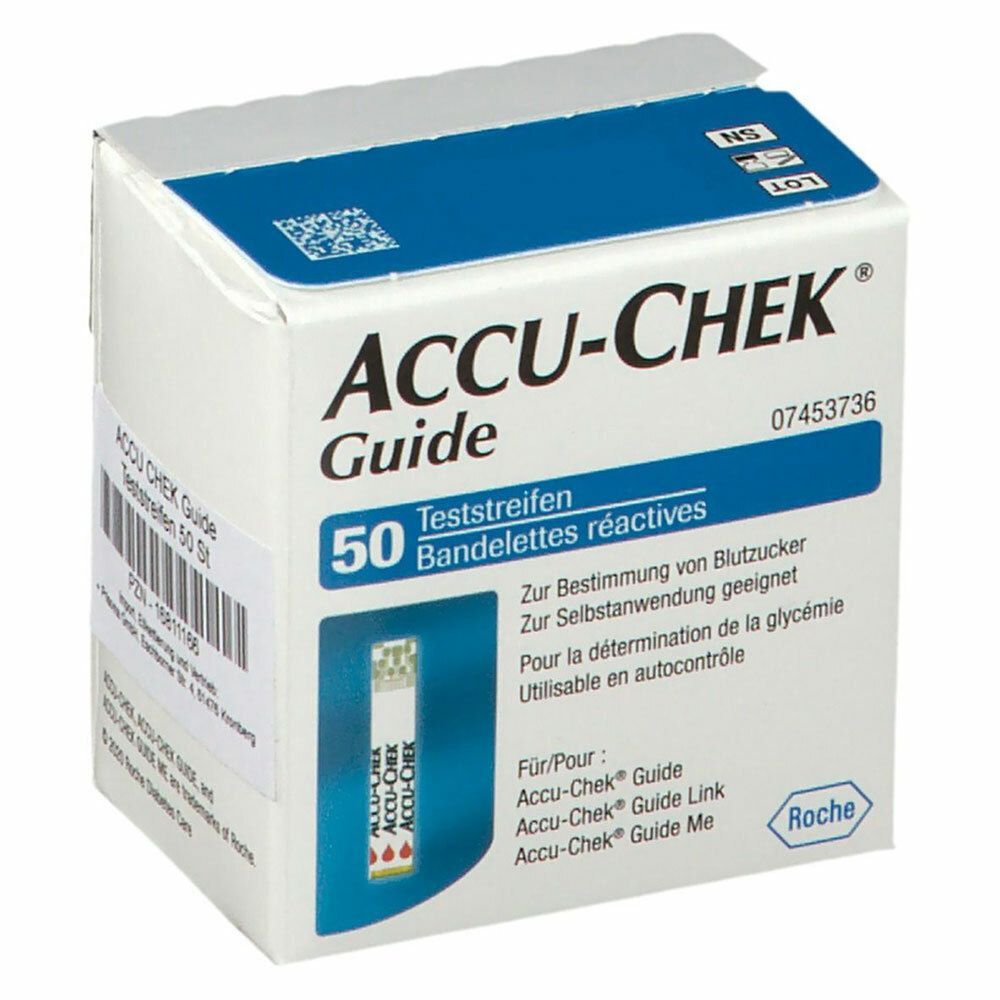 Verpackung von ACCU-CHEK Guide Teststreifen. Enthält 50 Teststreifen. Weiße und blaue Schachtel mit Produktnamen und Logo.