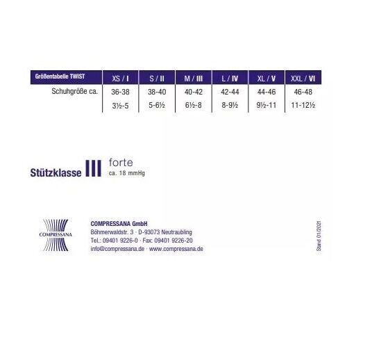 Größentabelle für COMPRESSANA TWIST Stütz-Kniestrümpfe. Größen XS/I bis XXL/VI. Stützklasse III, forte, ca. 18 mmHg. COMPRESSANA Logo.
