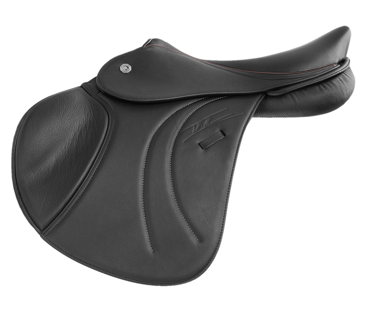 Schwarzer Springsattel mit Steppnähten und Logo.