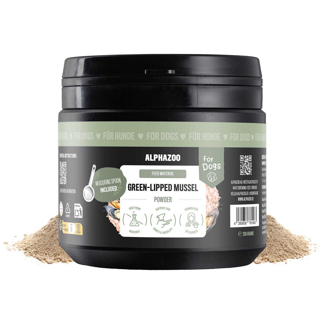 Schwarze Dose mit "ALPHAZOO" und "Green-Lipped Mussel Powder". Enthält Messlöffel. Text: Für Hunde. Inhaltsstoffe.