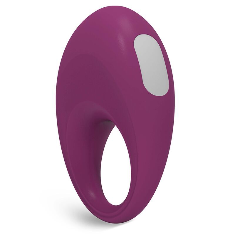 Lila Vibro-Penisring aus Silikon mit einer ovalen Aussparung und einer weißen Taste.