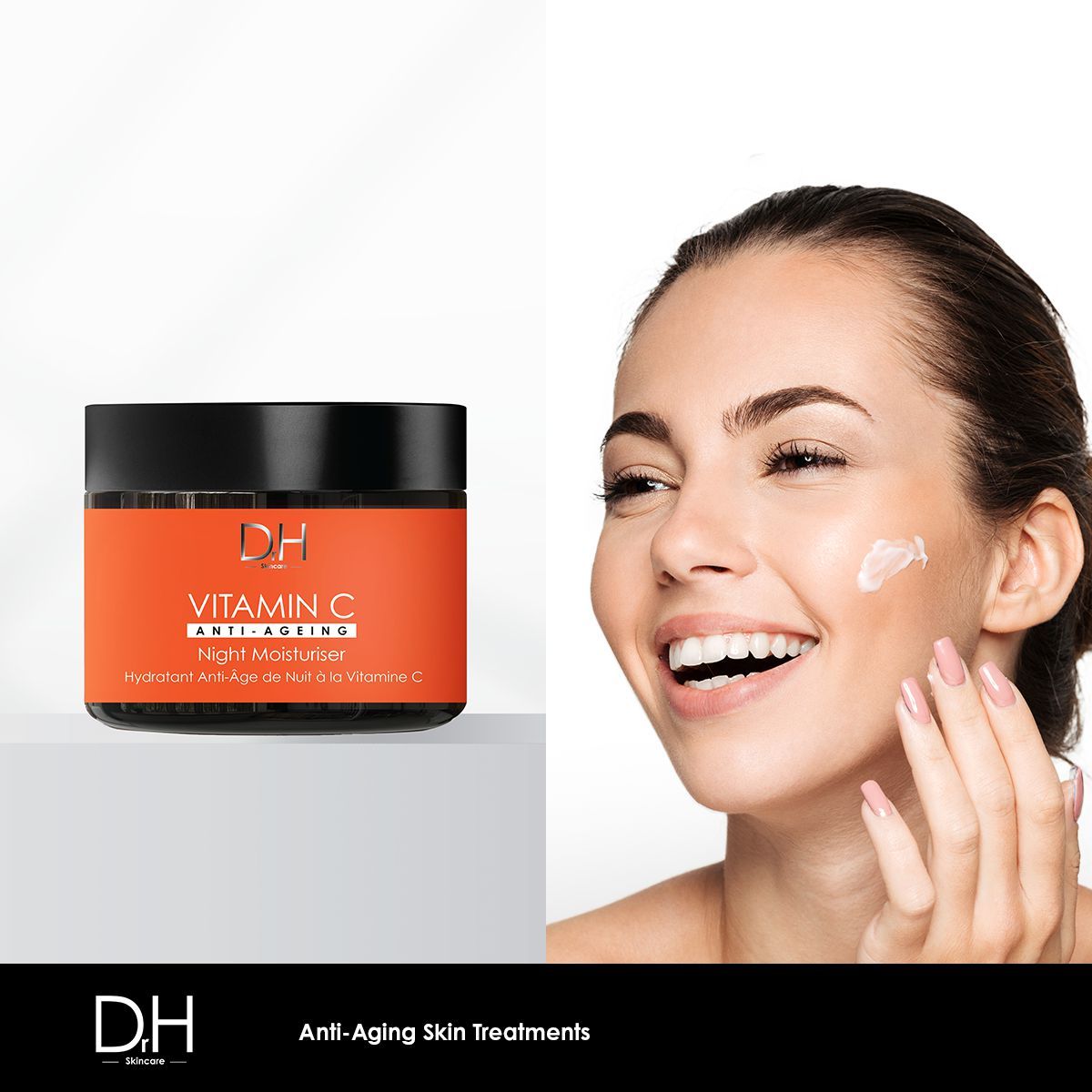 Creme-Tiegel mit Text: Vitamin C Anti-Aging Night Moisturiser. Frau trägt Creme auf. Logo: DH Skincare.