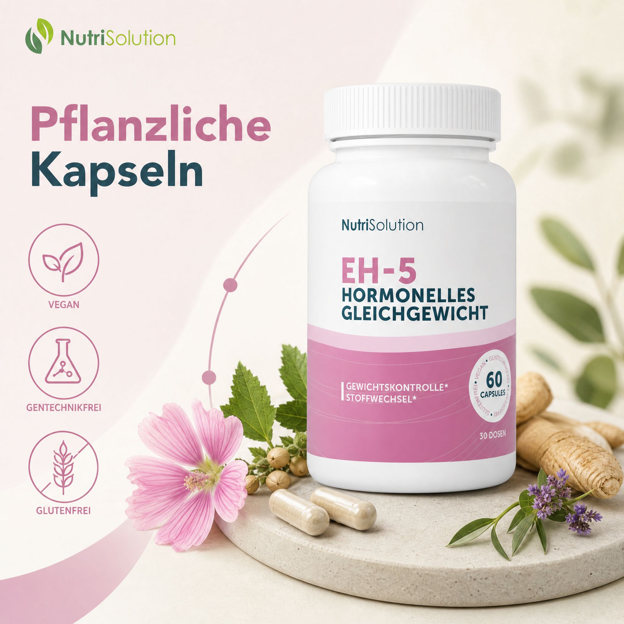 NutriSolution EH-5 Kapselbehälter mit Hinweisen zu vegan, gentechnikfrei und glutenfrei.