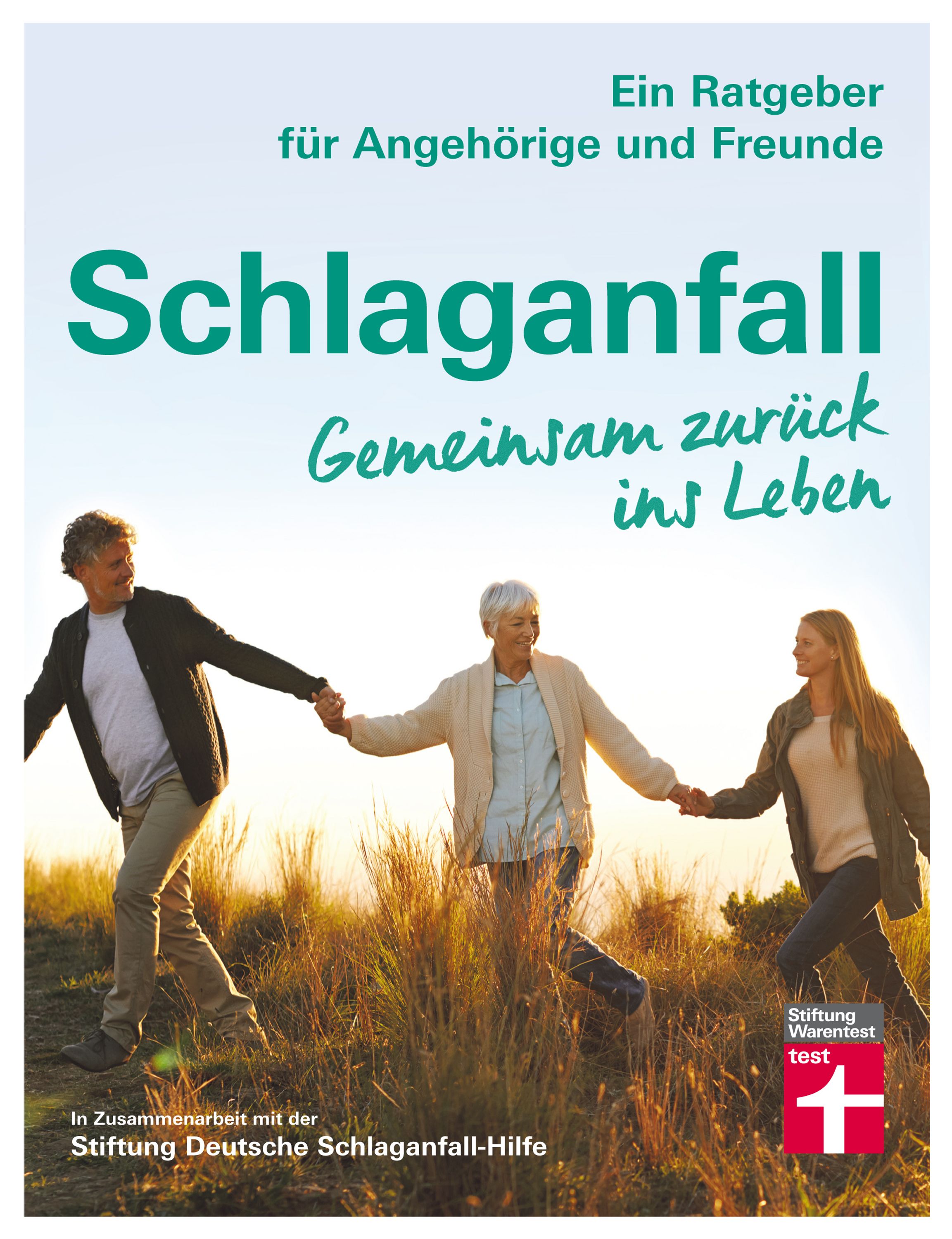 Buchcover: "Schlaganfall. Gemeinsam zurück ins Leben". Titel in Grün. Personen halten Hände. Stiftung Warentest Logo.
