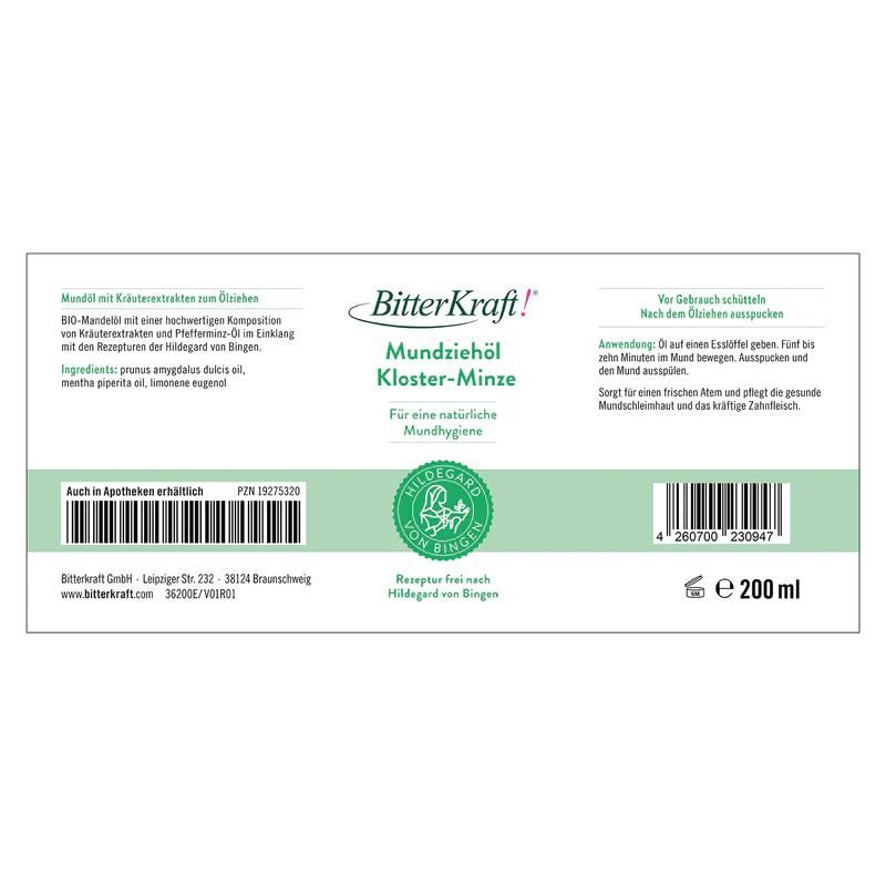 Etikett mit Produktinformationen: BitterKraft! Mundziehöl Kloster-Minze. Inhaltsstoffe, Anwendung, Herstellerangaben, Chargennummer, EAN-Code.