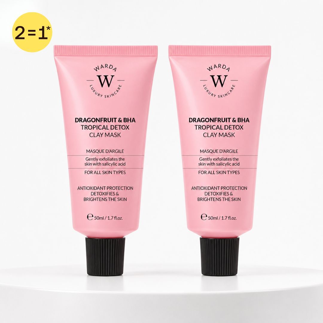 Zwei rosa Tuben Warda Luxury Skincare Drachenfrucht & BHA Detox Tonmaske, je 50ml.