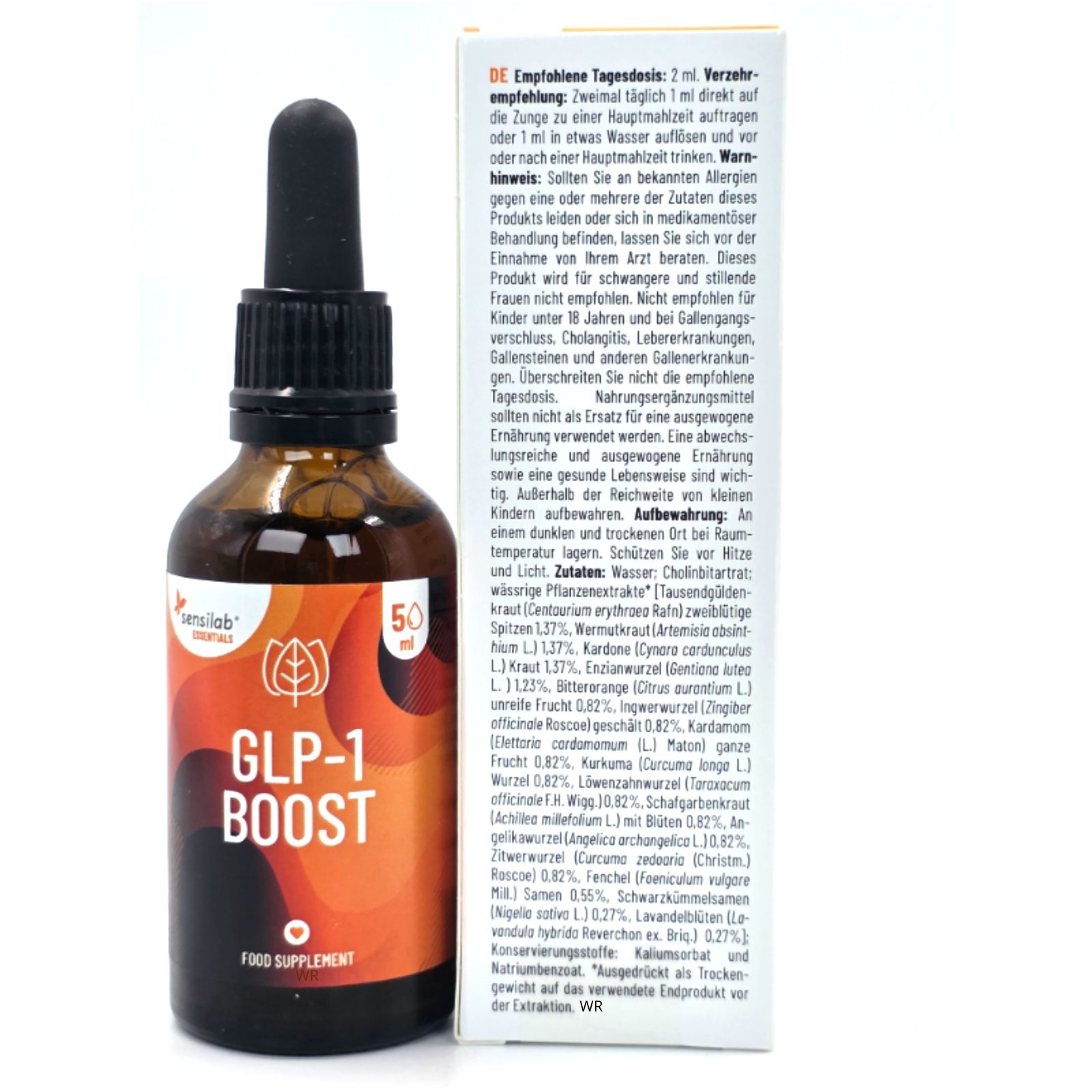 Braune Glasflasche mit schwarzer Pipette und Verpackung. Aufschrift: GLP-1 BOOST, Food Supplement. Gebrauchsanweisung und Warnhinweise auf der Verpackung.
