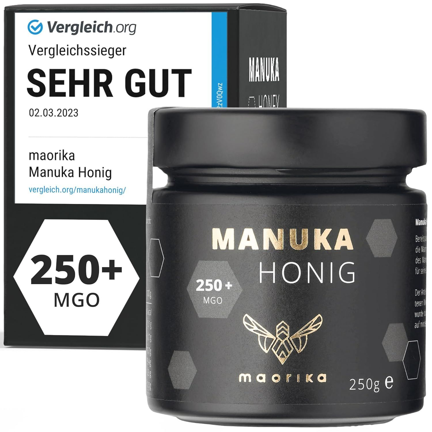Schwarzes Glas mit Manuka Honig, 250+ MGO. Verpackung mit Auszeichnung "SEHR GUT".