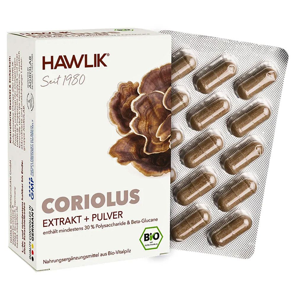 Produktverpackung mit Kapseln. Aufschrift: HAWLIK, CORIOLUS EXTRAKT + PULVER, BIO-Zertifizierung. Blisterpackung mit Kapseln.