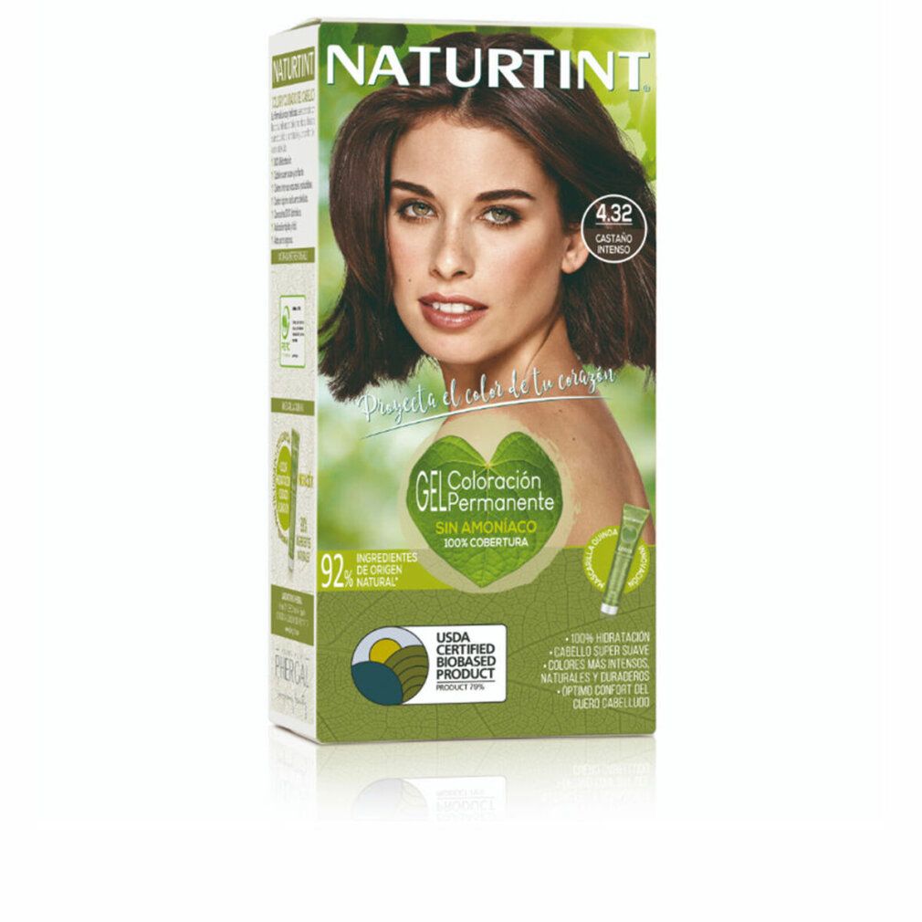 Verpackung von Naturtint 4.32. Aufdruck: 4.32, Kastanienbraun. Zertifizierung: USDA Certified Biobased Product. Frau mit braunen Haaren.