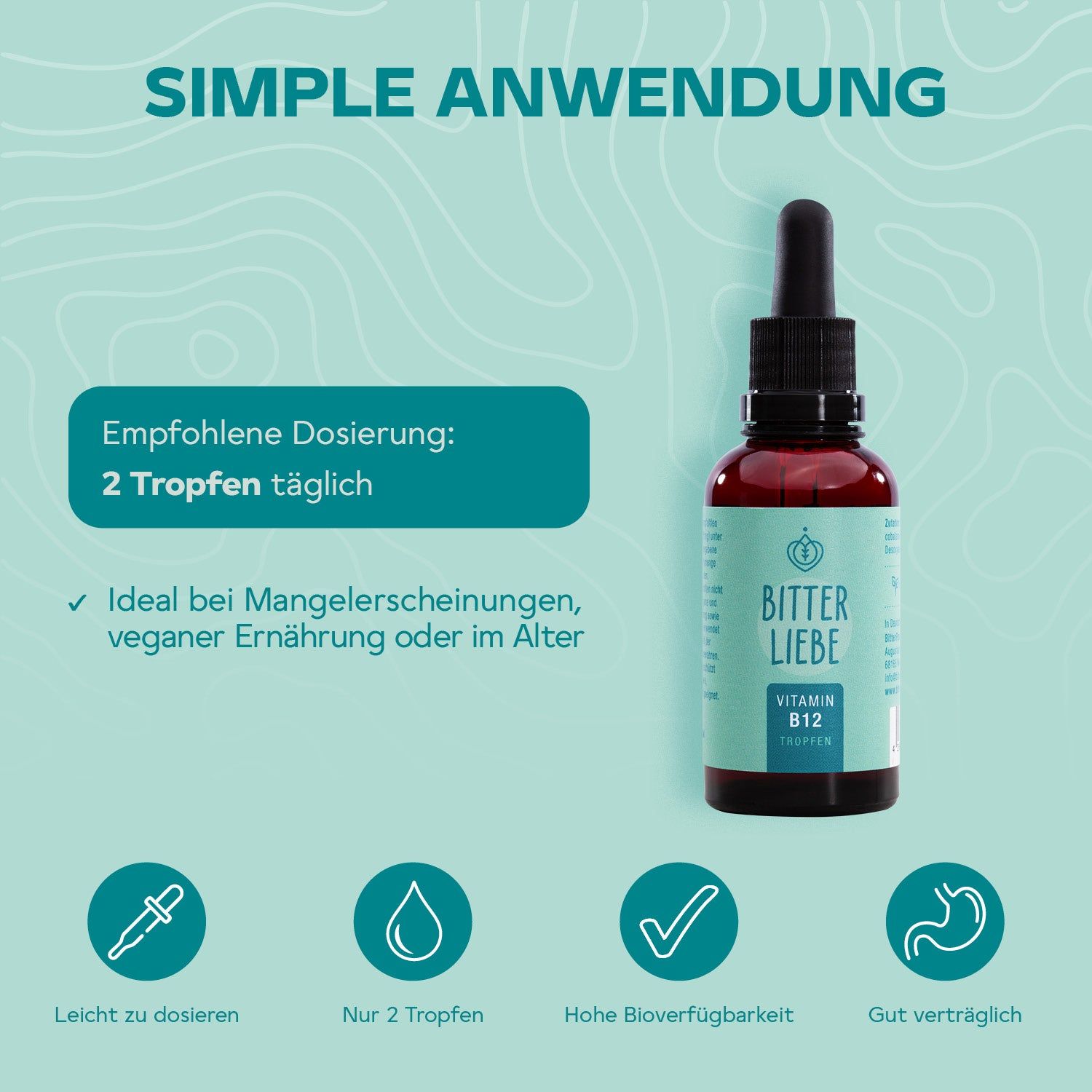 Braune Glasflasche mit schwarzer Pipette. Aufkleber mit Schriftzug. Text: Vitamin B12. Symbole: Tropfen, Check.