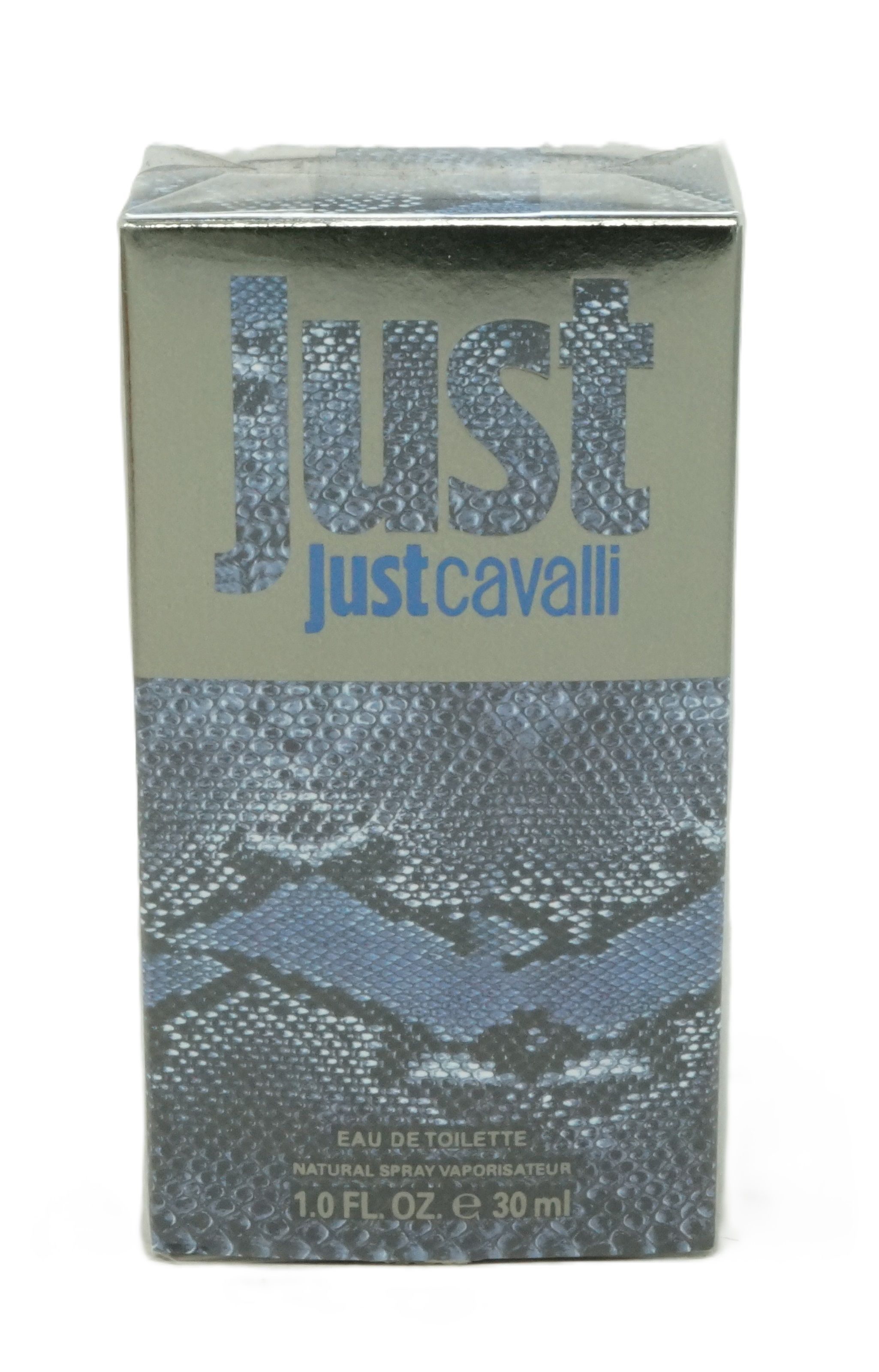 Kartonverpackung mit Just Cavalli-Logo. Grauer Hintergrund mit Schlangenmuster. Produktinformationen.