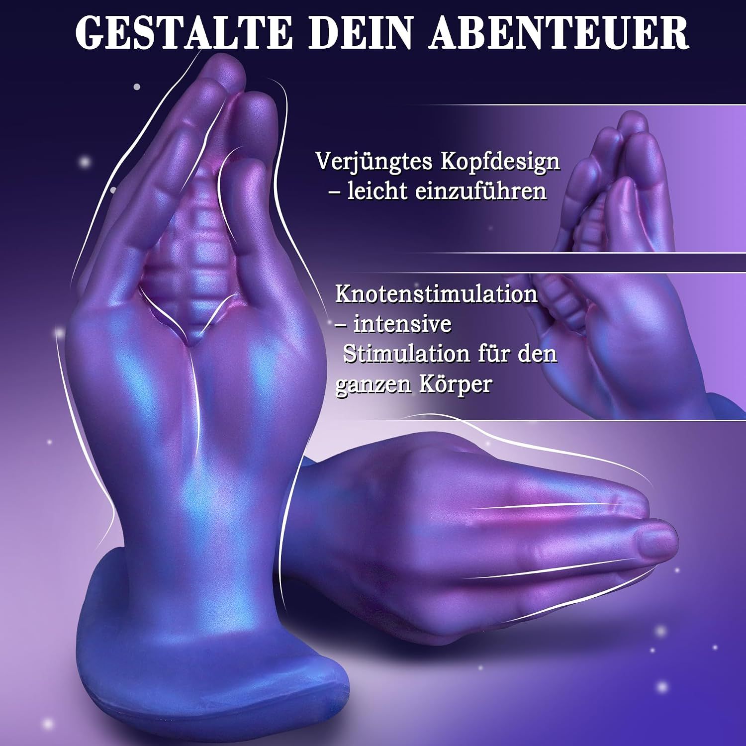 Blauer, geschwungener Artikel mit T-förmiger Basis, gehalten von einer Hand in schwarzer Handschuh. Nahaufnahme.