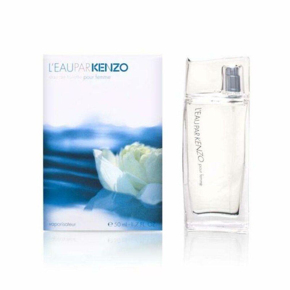 Flakon und Verpackung. Flakon mit hellem Inhalt, transparente Kappe. Verpackung mit Wellenmuster und Blüte. Text: L'EAU PAR KENZO, 50 ml.