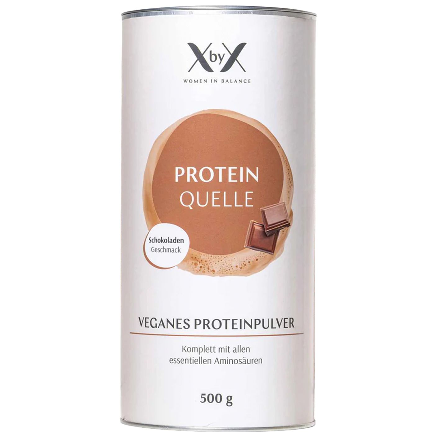 Zylinderdose mit 'Protein Quelle' und Schokoladen-Geschmack. Vegan, 500g. Logo: XbyX Women in Balance.