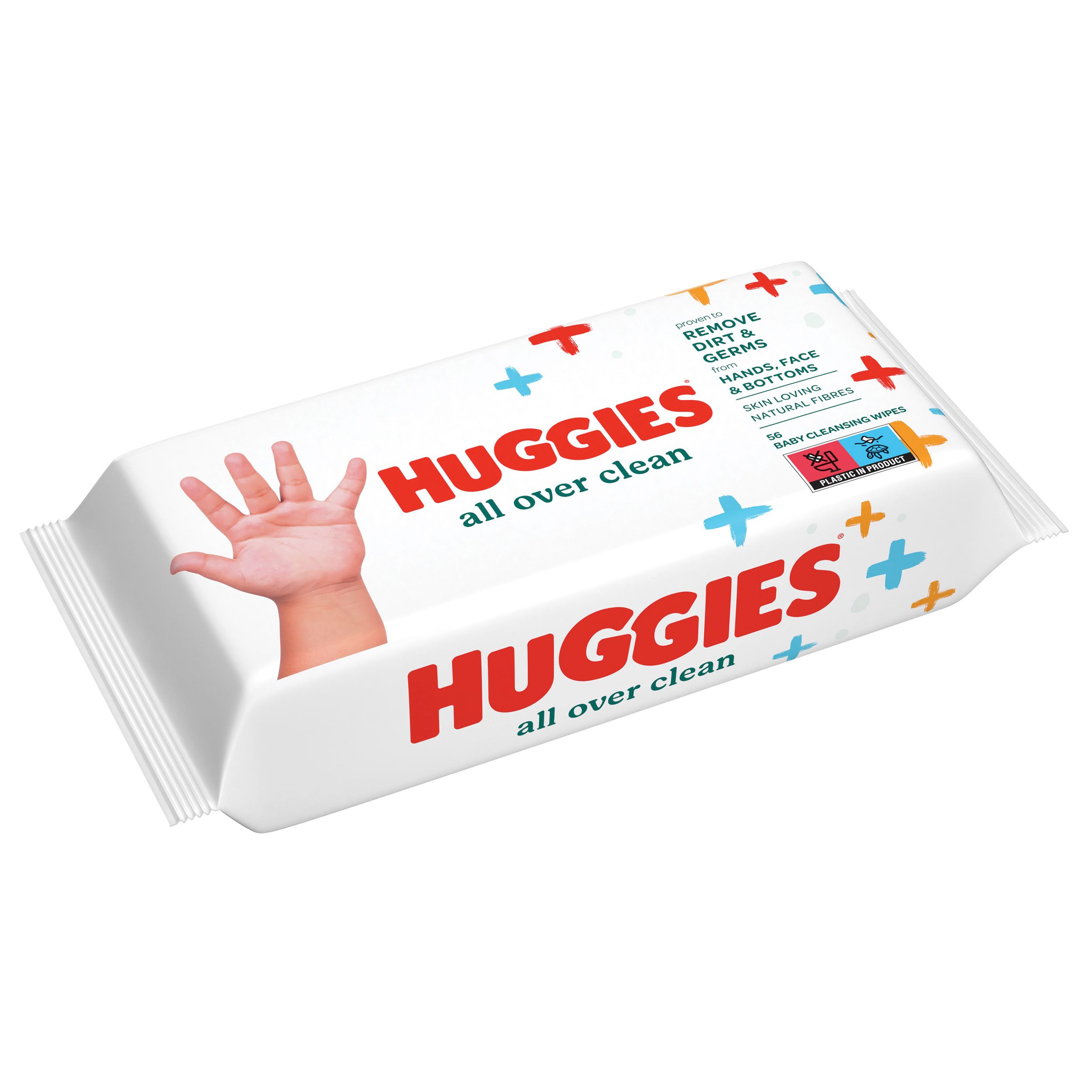 Huggies Feuchttücher-Packung. Weiße Verpackung mit rotem Logo und bunten Kreuzen. Abbildung einer Hand. Für Hände, Gesicht und Po.
