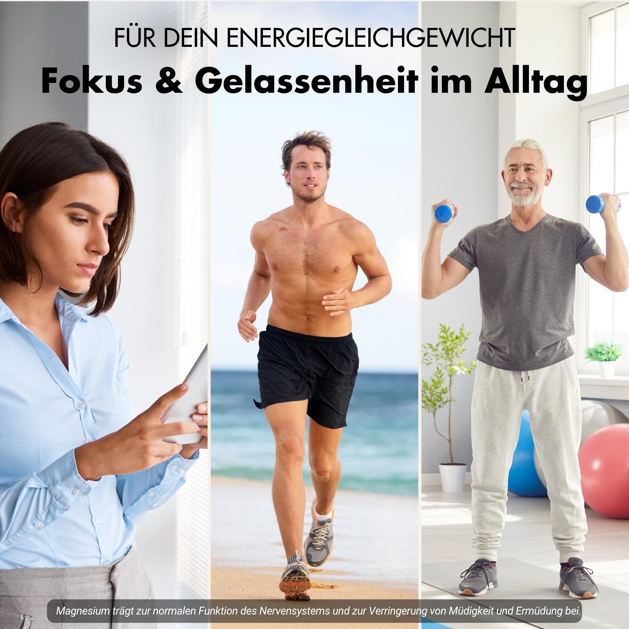 Drei Personen in verschiedenen Alltagssituationen. Text: Fokus & Gelassenheit im Alltag. Hintergrund: weiß.