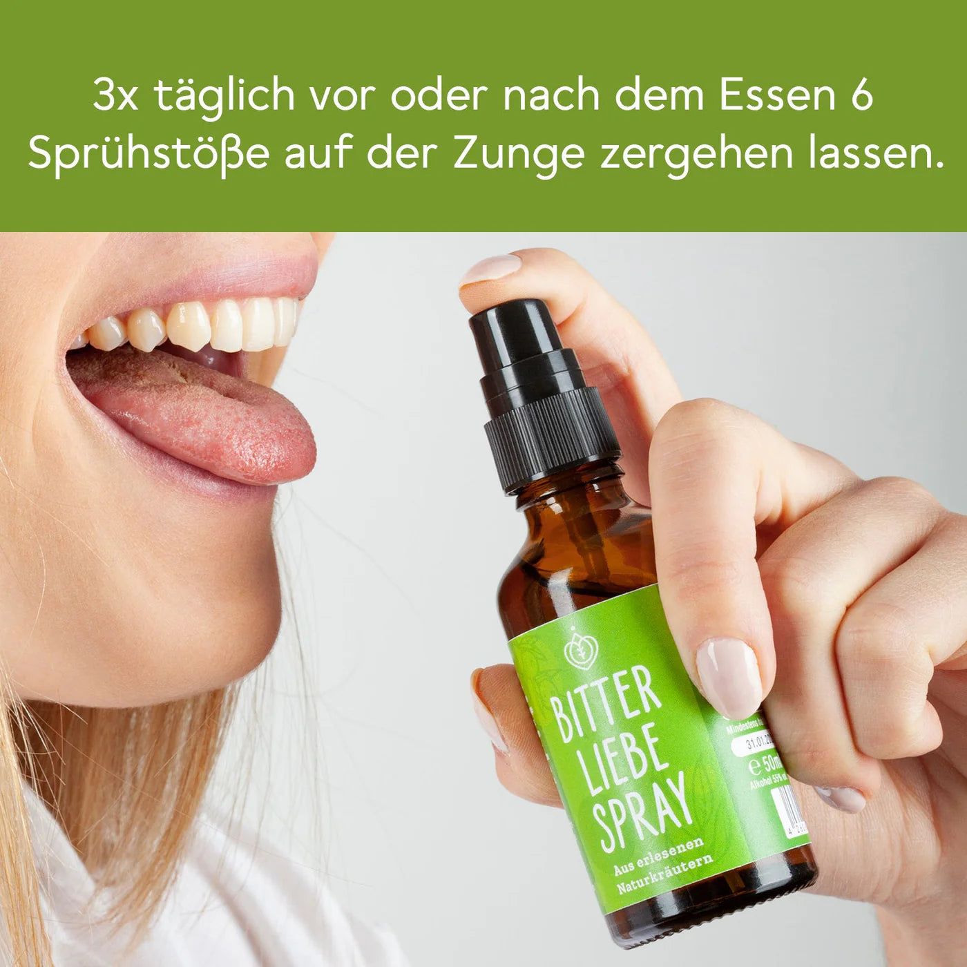 Mund mit Zunge, die mit einem Spray besprüht wird. Aufschrift: BitterLiebe Spray. Braune Flasche mit grünem Etikett.