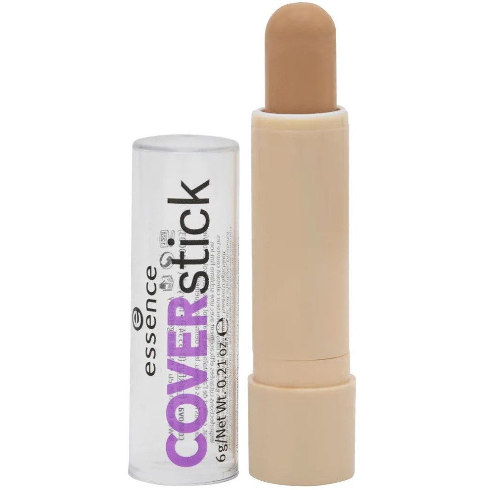 Coverstick Concealer, geöffnet. Produktname und Marke sichtbar. Gewicht: 6 g / 0.21 oz. Hülse und Deckel.