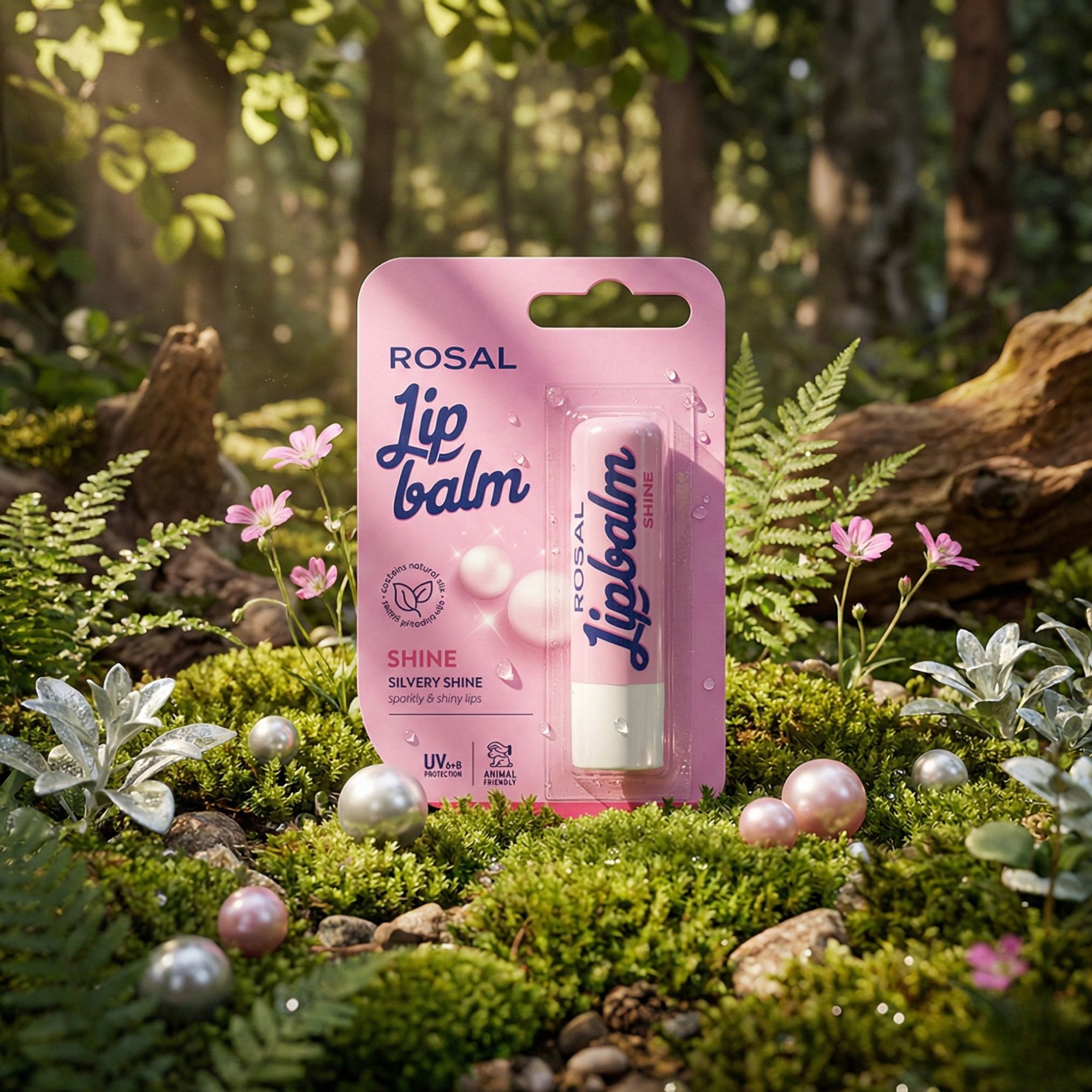 Lip Balm in rosa Verpackung. Text: ROSAL, Lip balm, Shine, Silvery Shine, UV-Schutz, tierversuchsfrei. Auf Moos, umgeben von Pflanzen.