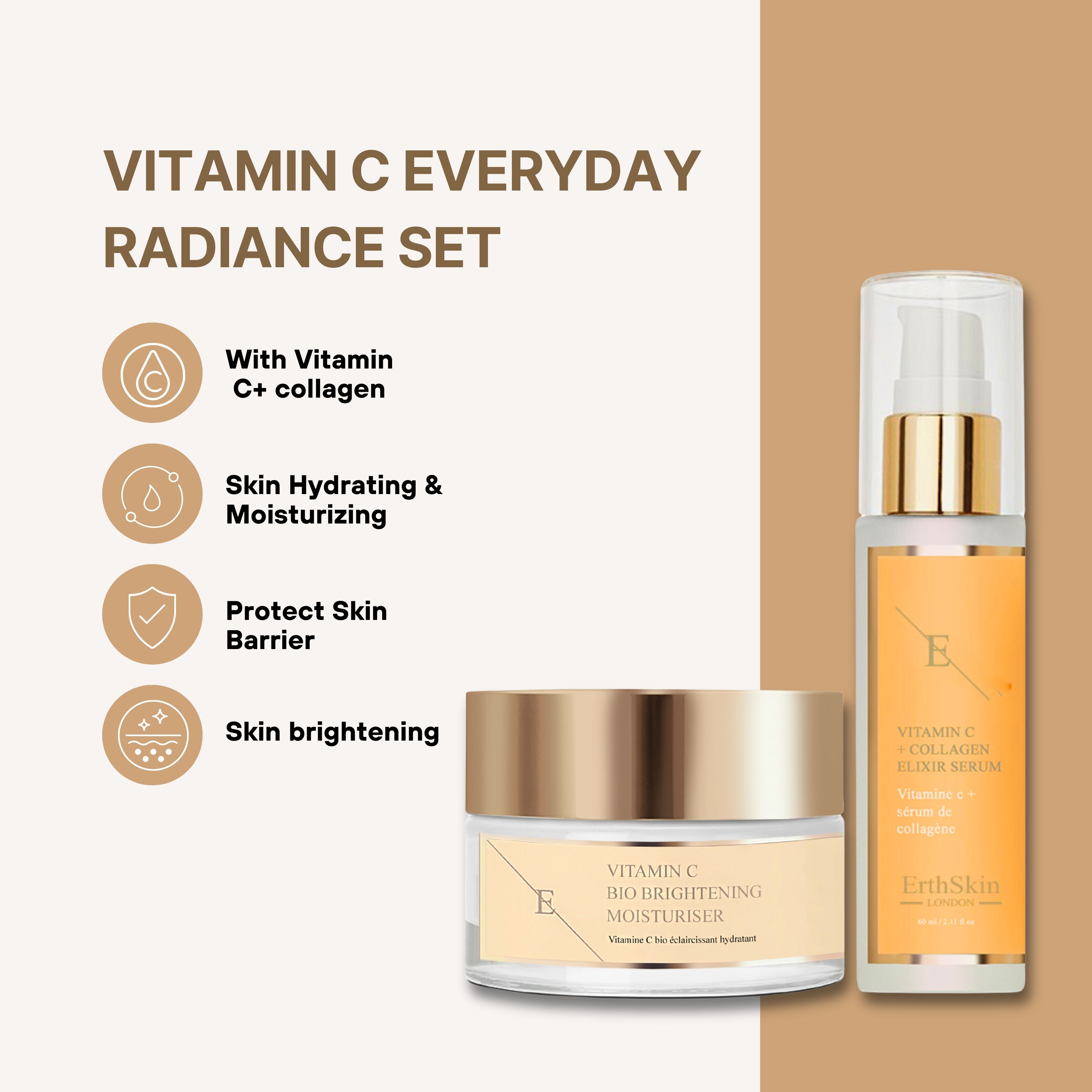 Set aus Creme und Serum. Creme in Glasdose mit goldfarbenem Deckel. Serum in Glasflasche mit goldfarbener Pumpe. Text: Vitamin C Everyday Radiance Set.