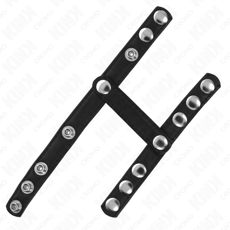 Schwarze Penisring-Riemen mit silberfarbenen Nieten. 3 verstellbare Riemen, in H-Form angeordnet.