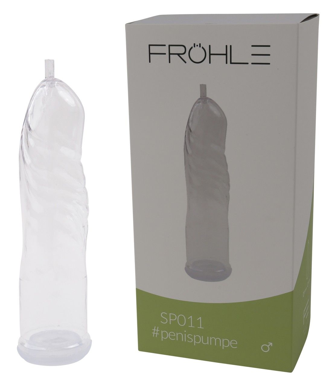Fröhle SP011 Zylinder für Penis Pumpe, transparent, spiralförmig, neben Verpackung.