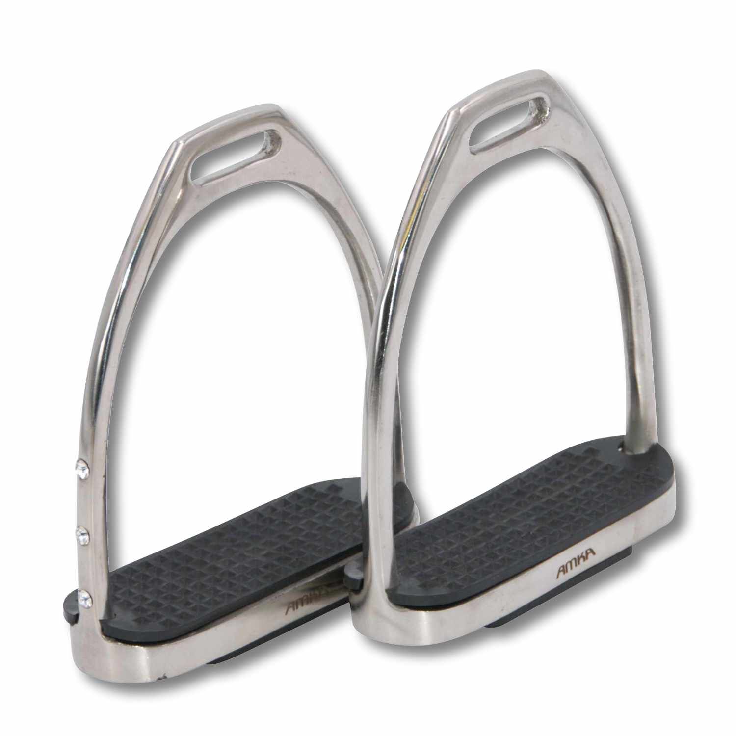Zwei silberfarbene Sicherheitssteigbügel mit schwarzer Trittfläche. AMKA-Logo sichtbar.