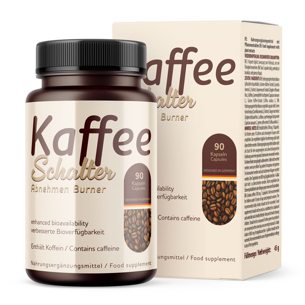 Braune Kapsel-Dose und Karton. Aufschrift: Kaffee Schalter Abnehmen Burner. Enthält 90 Kapseln. Mit Kaffeebohnen-Abbildung.