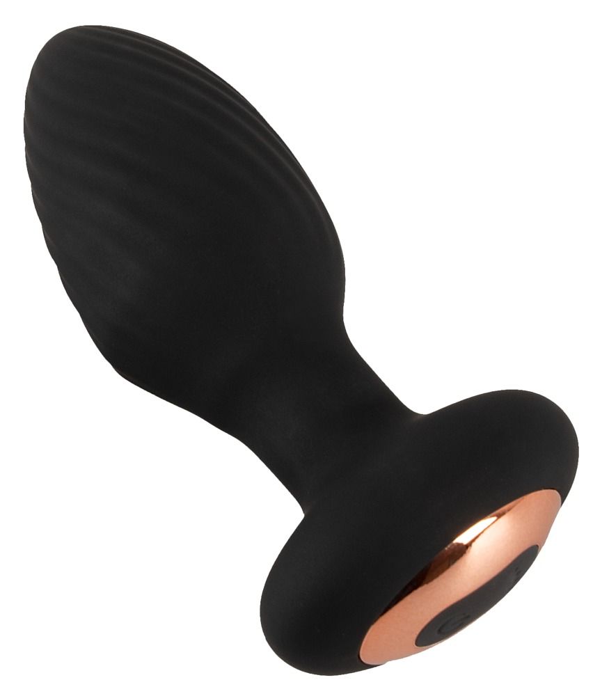 Schwarzer Analplug mit spiralförmiger Textur, kupferfarbenem Akzent und Bedienelementen.