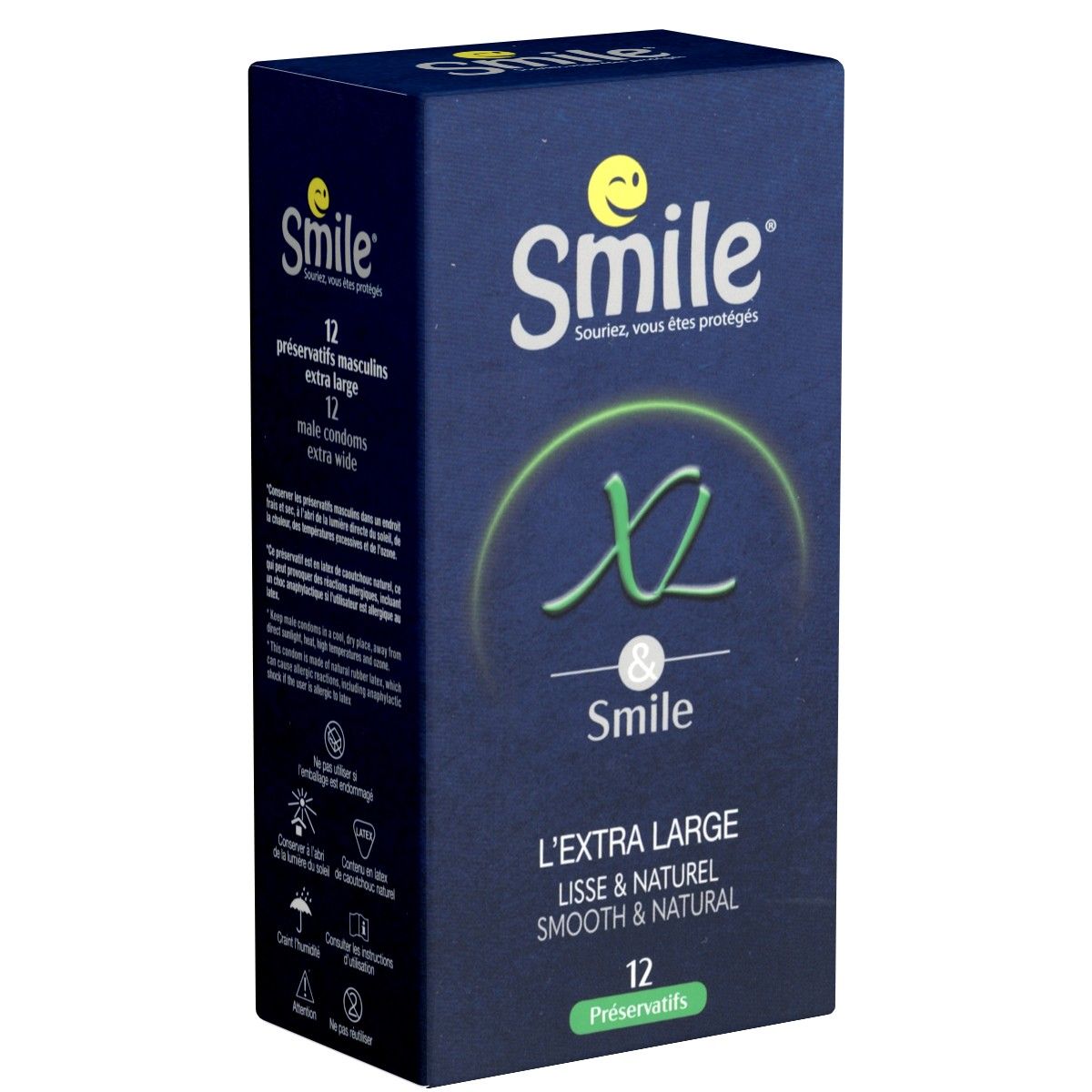 Dunkelblaue Schachtel mit "Smile"-Logo und "XL"-Schriftzug. Enthält 12 Kondome. Text: "L'EXTRA LARGE, lisse & naturel".