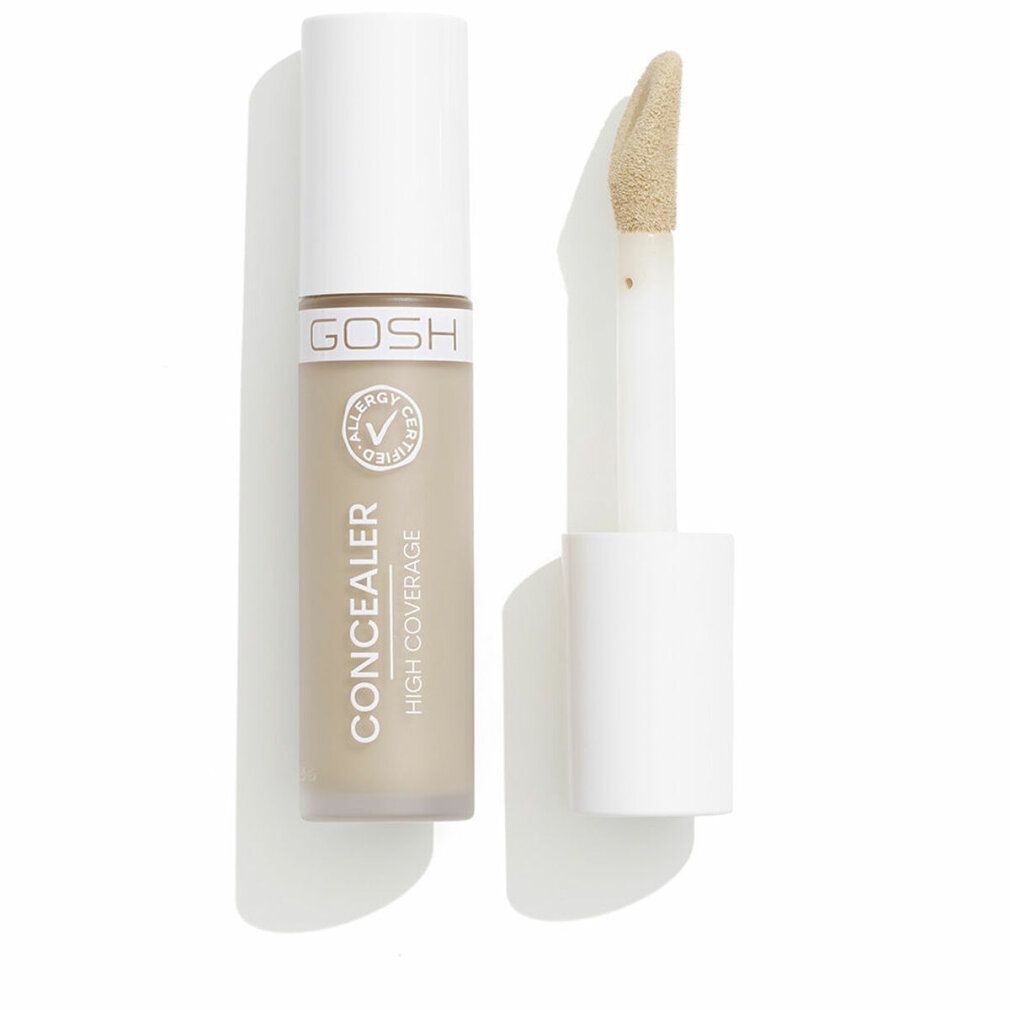 Beige Concealer-Tube mit weißem Deckel und Applikator. Aufschrift: GOSH, Concealer, High Coverage. Allergie-Zertifizierung.