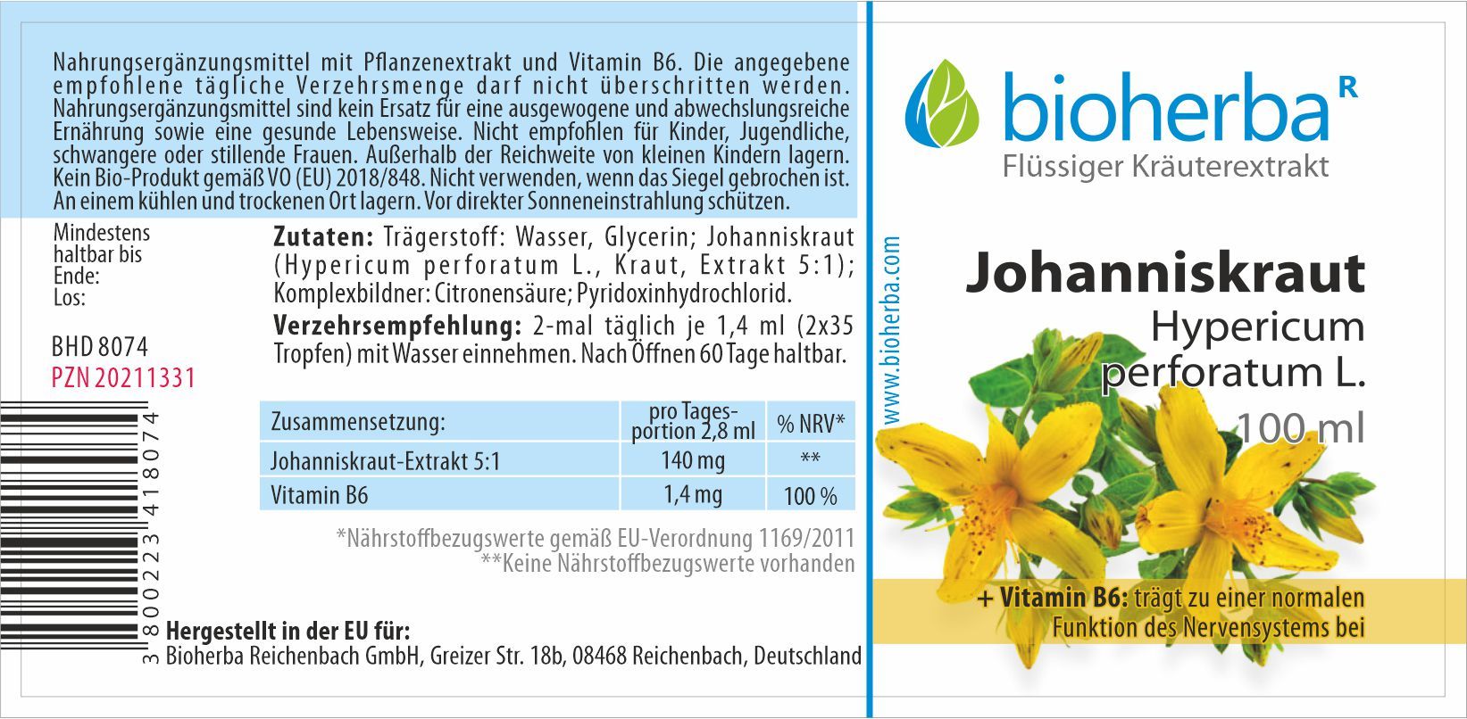 Etikett mit Produktinformationen. Bioherba Johanniskraut Tropfen Tinktur. Inhaltsstoffe, Verzehrempfehlung, Nährwertangaben und Hersteller.