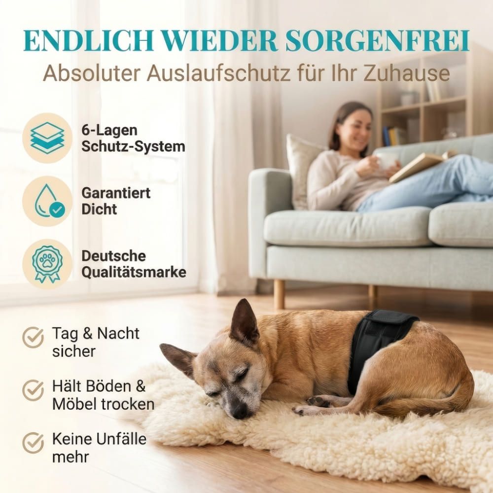 Hund mit schwarzer Bauchbinde liegt auf einem Teppich. Text: 6-Lagen Schutz-System, Deutsche Qualitätsmarke.