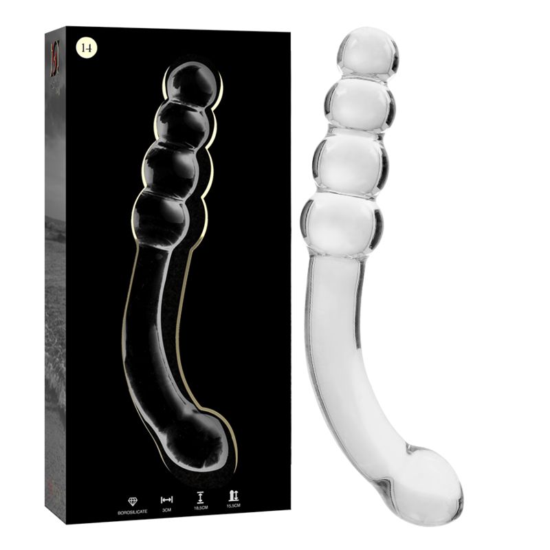 Borosilikatglas-Dildo mit kugelförmigem Griff und geripptem Schaft. Inklusive Verpackung.
