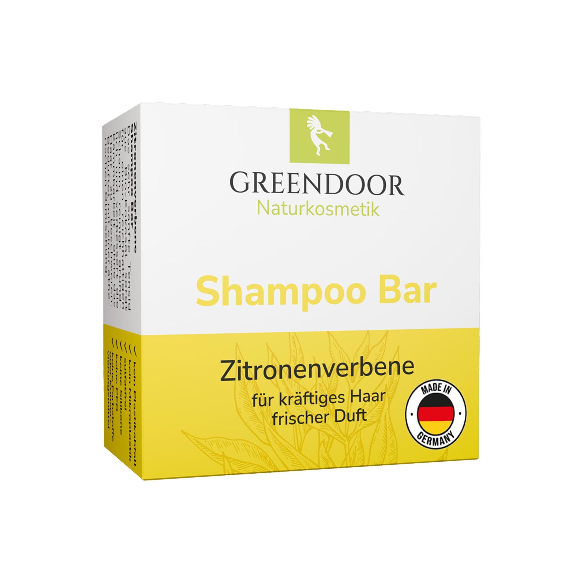 GREENDOOR Shampoo Bar Zitronenverbene Verpackung mit Aufdruck 'Made in Germany'.