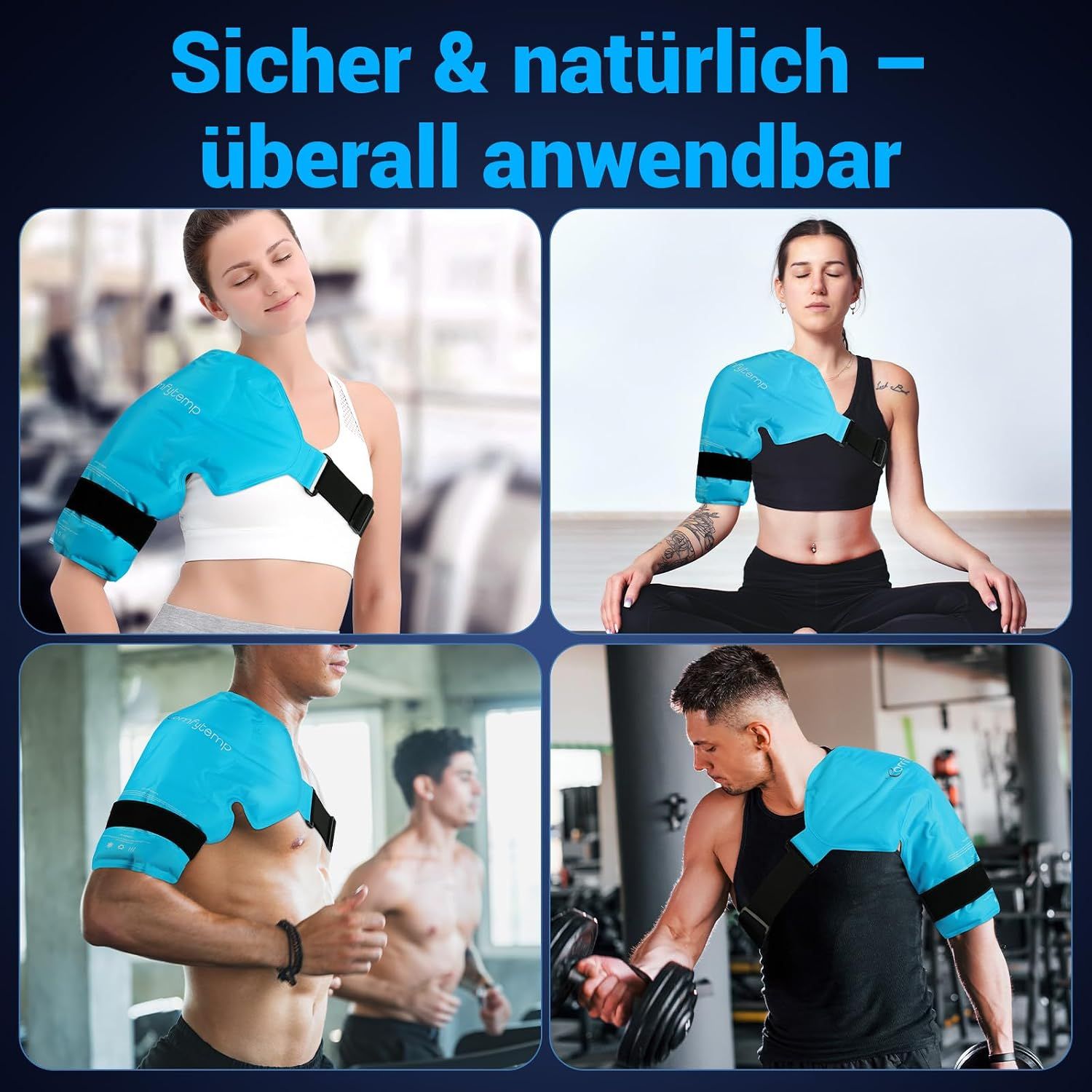 Mann mit blauer Schulter-Kühlpackung.