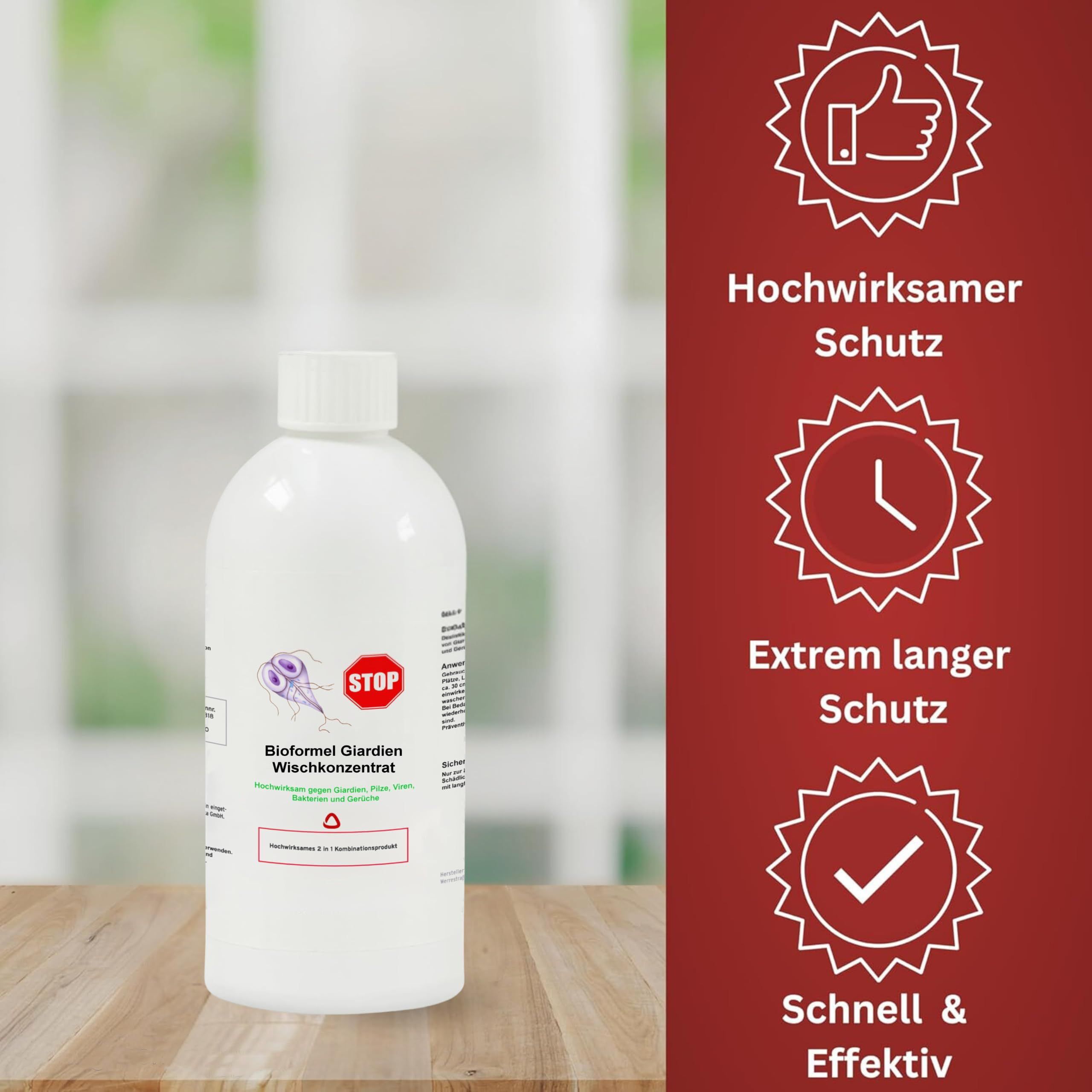 Weiße Flasche mit Etikett. Text: Bioformel Giardien Wischkonzentrat. Logos: Daumen hoch, Uhr, Haken. Text: Hochwirksamer Schutz, extrem langer Schutz, schnell & effektiv.