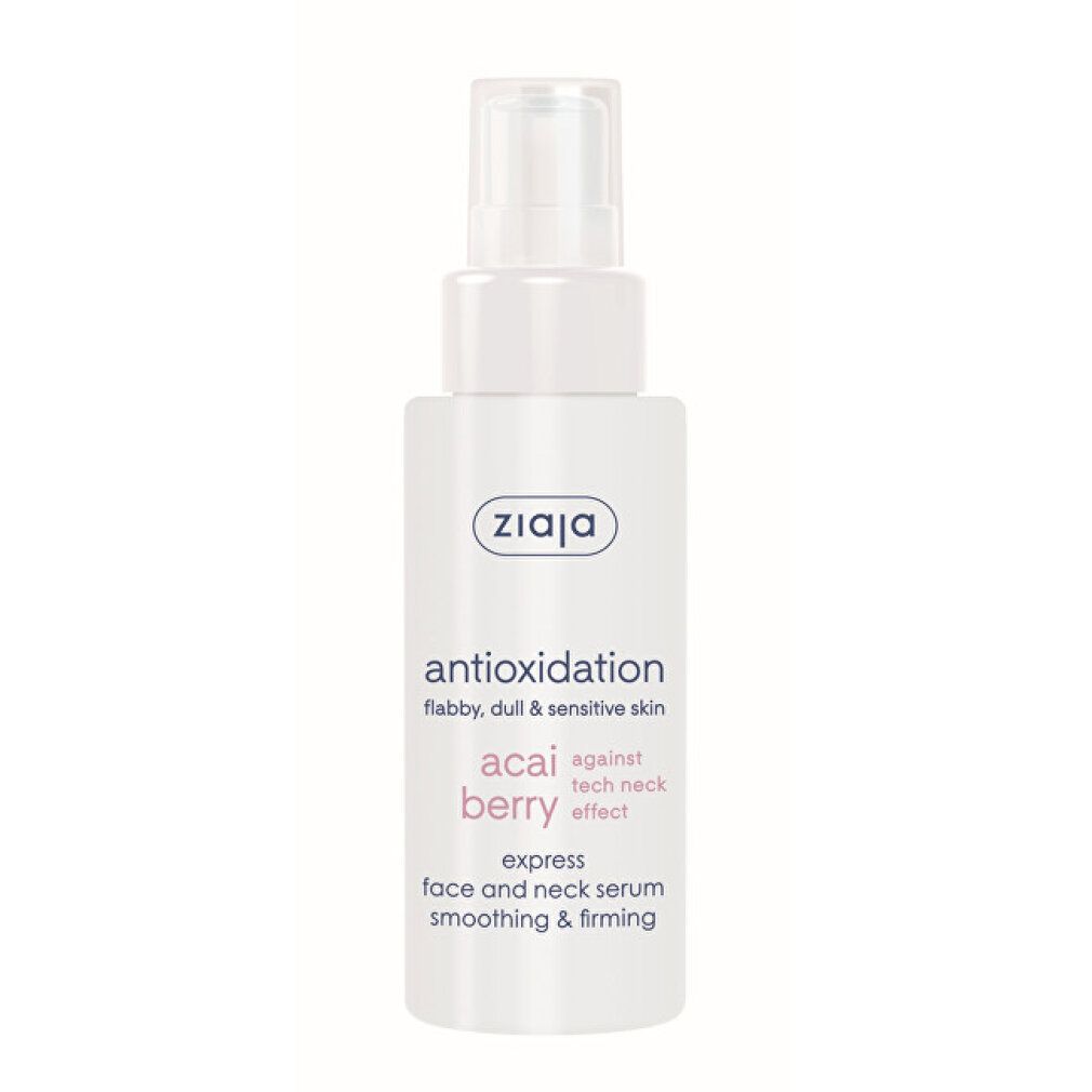 Weiße Flasche mit Zerstäuber. Aufschrift: Ziaja, antioxidative Wirkung, Acai-Beere, Express-Gesichts- und Hals-Serum.