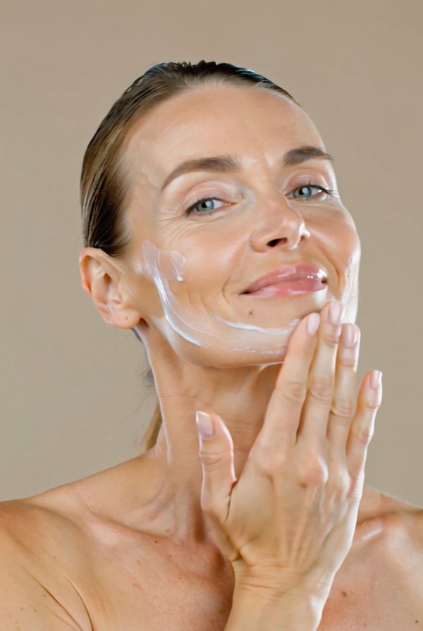 Frau trägt Creme auf ihr Gesicht auf. Creme ist auf Wangen und Kinn aufgetragen.
