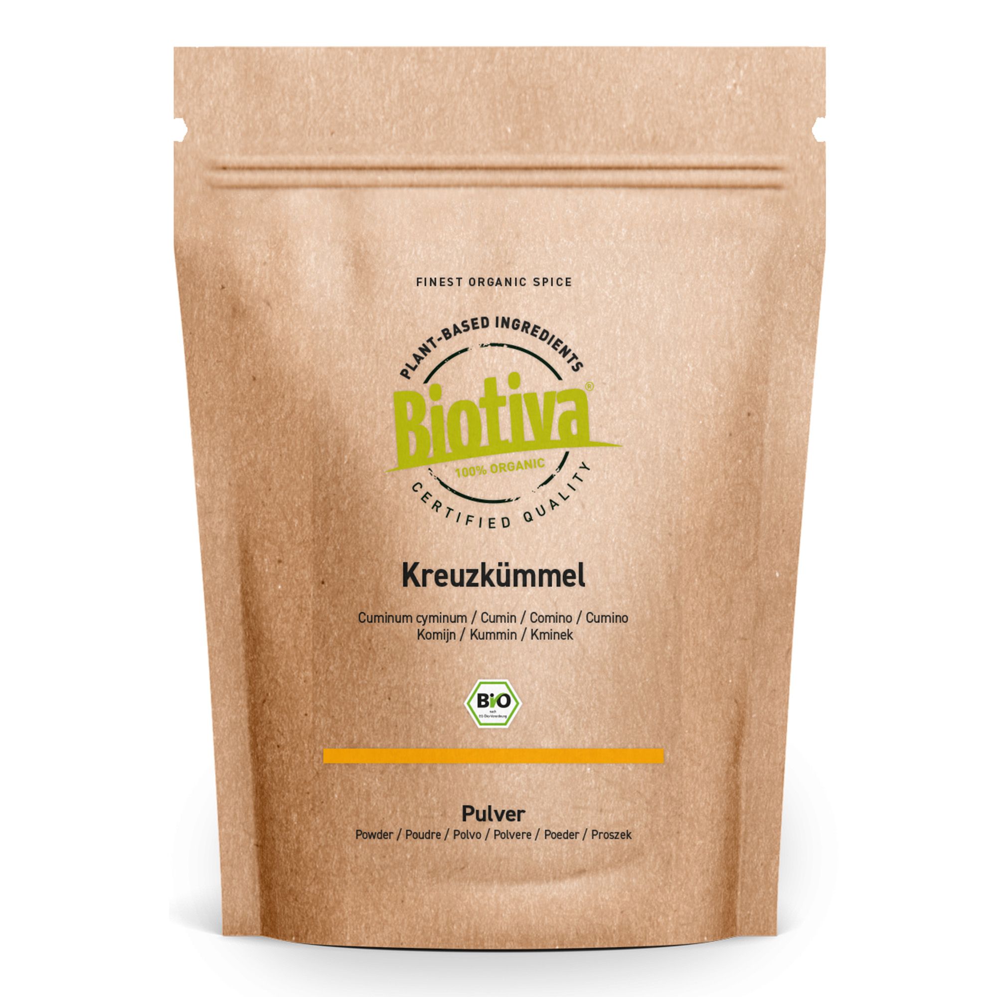 Biotiva Kreuzkümmel gemahlen Bio: Braune Papiertüte mit Siegeln und Produktinformationen.