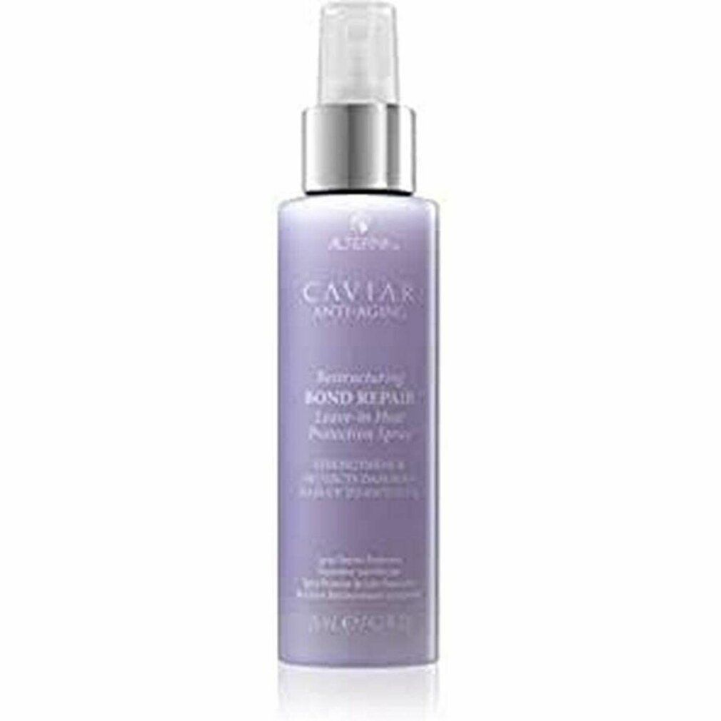 Lila Flasche mit Sprühkopf. Beschriftung: Caviar Anti-Aging, Restructuring Bond Repair Leave-in Heat Protection Spray. 125 ml.