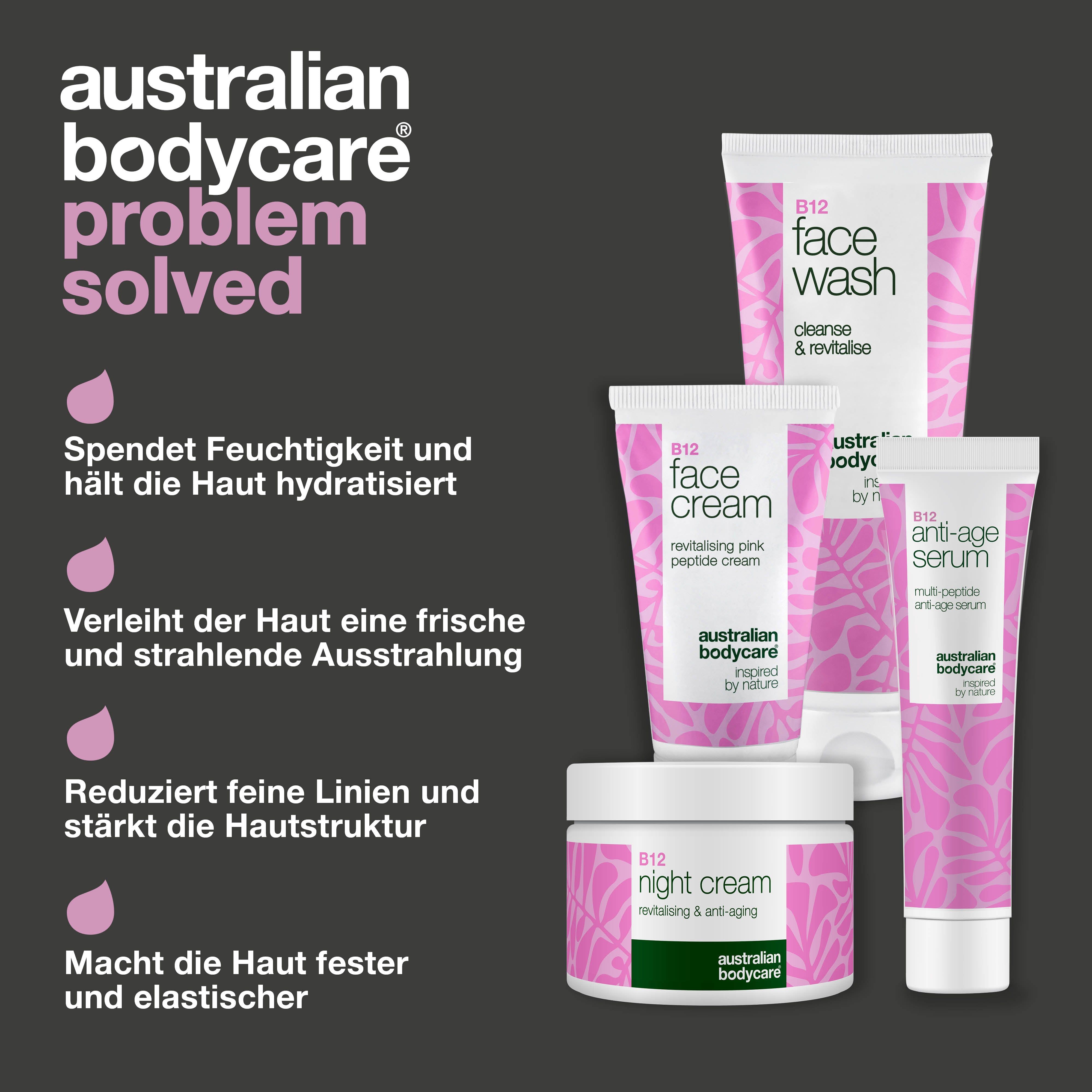 Australian Bodycare Produkte. Face Wash, Face Cream, Anti-Age Serum und Night Cream. Text: Problem gelöst. Rosa Hintergrund.