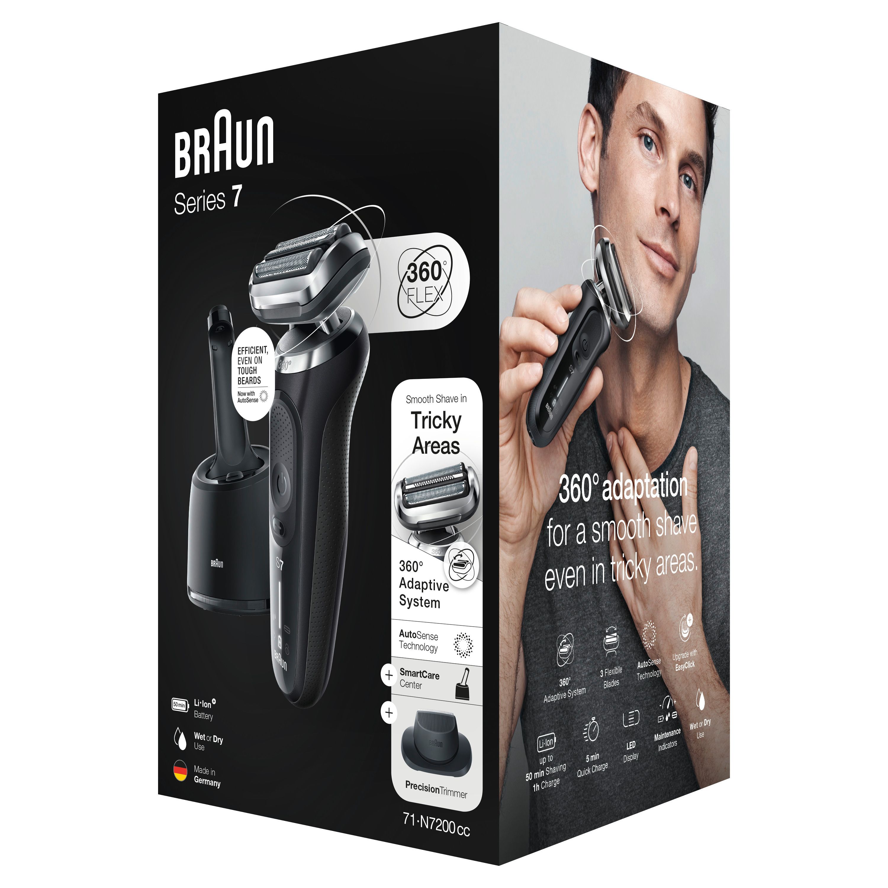 Verpackung des Braun Series 7 Rasierers. Rasierer, Ladestation, Produktmerkmale, 360 Flex, SmartCare Center, Mann.