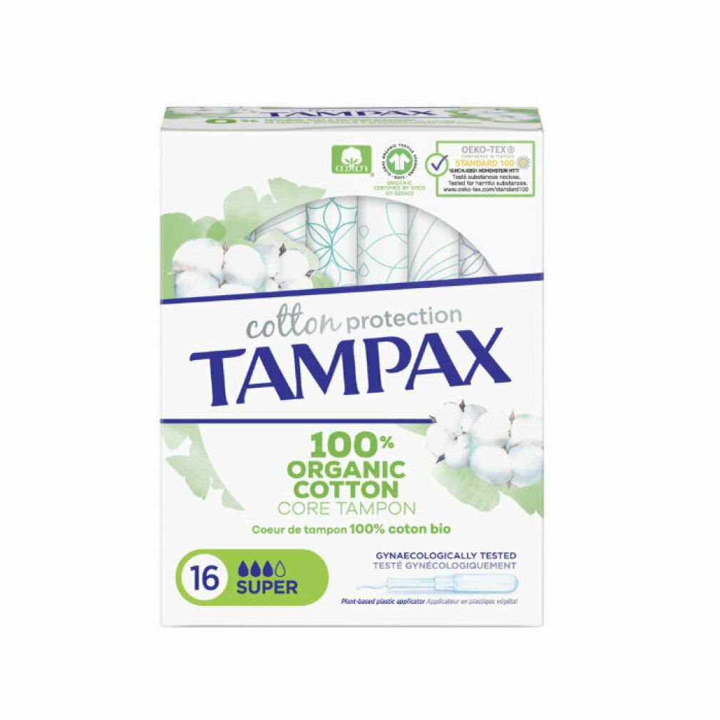 Verpackung von Tampax Organic Super Tampons. 16 Stück. 100% Bio-Baumwolle. Mit Applikator aus Pflanzenkunststoff.