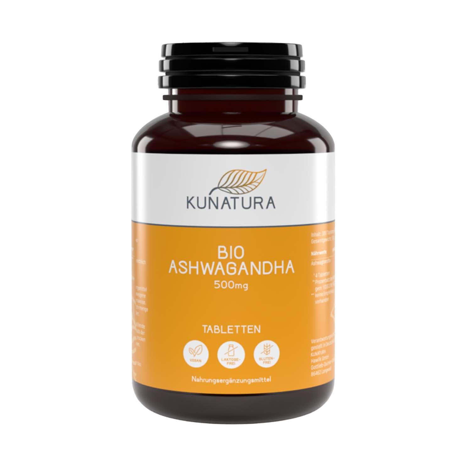 Braune Glasflasche mit schwarzem Schraubverschluss, Etikett mit KUNATURA BIO ASHWAGANDHA 500mg TABLETTEN.